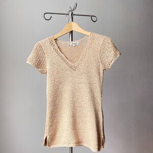 🌿 Y2K Vintage Tan V-Neck Knit Tee with Crochet Detailing by Jessica Sport
